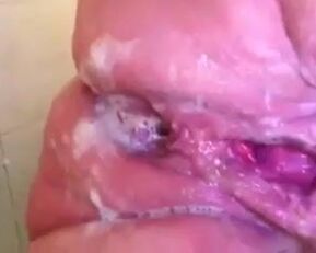 Messy BBW wrecked with closeups of her tight holes filled with cum